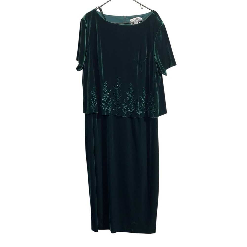 Jessica Howard Vtg Velvet Maxi Dress Green Embroidered Floral Formal Holiday 24P